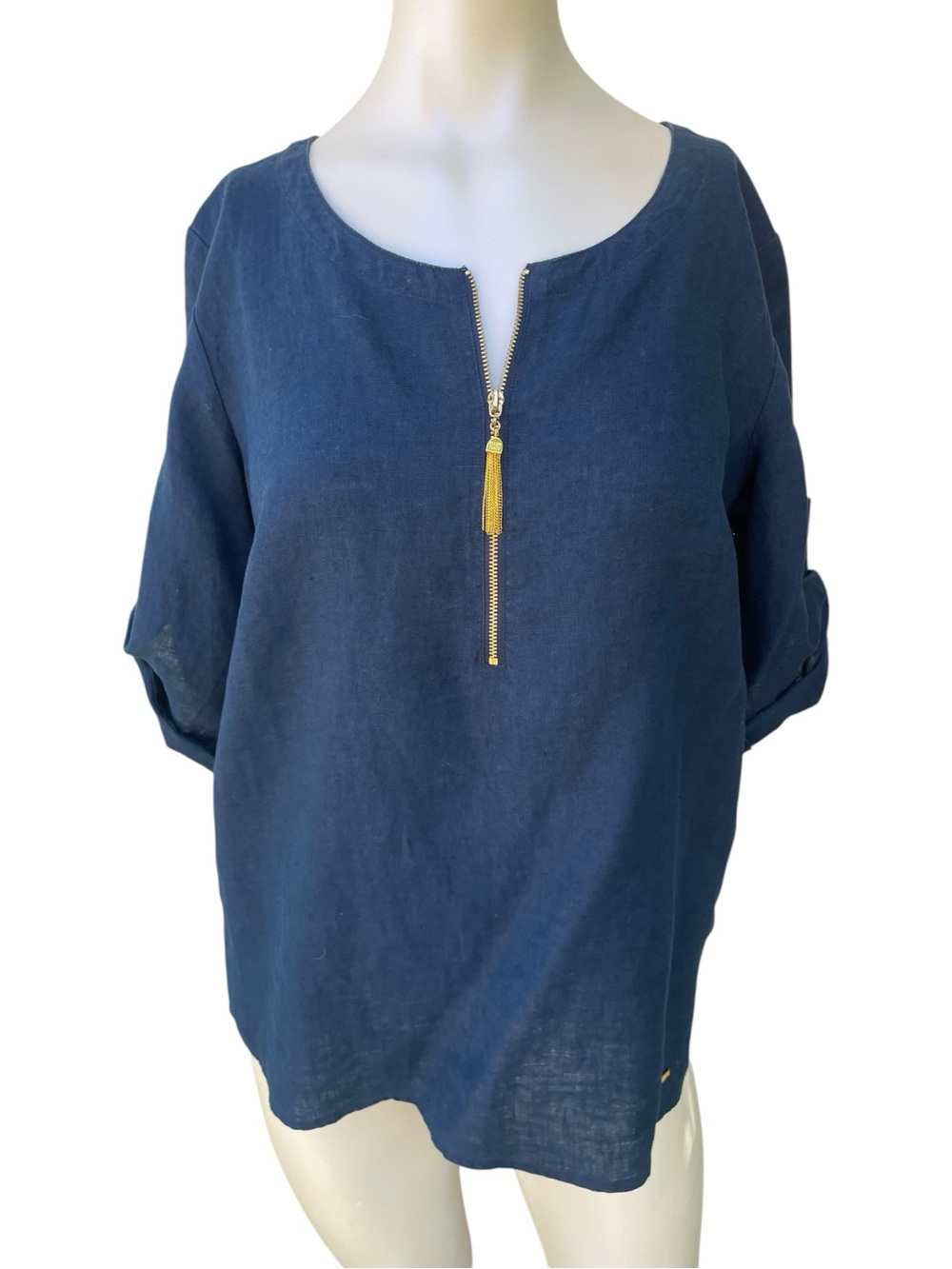 Ellen Tracy Navy Zip Front Roll Tab Short Sleeve Linen Tunic Sz Med